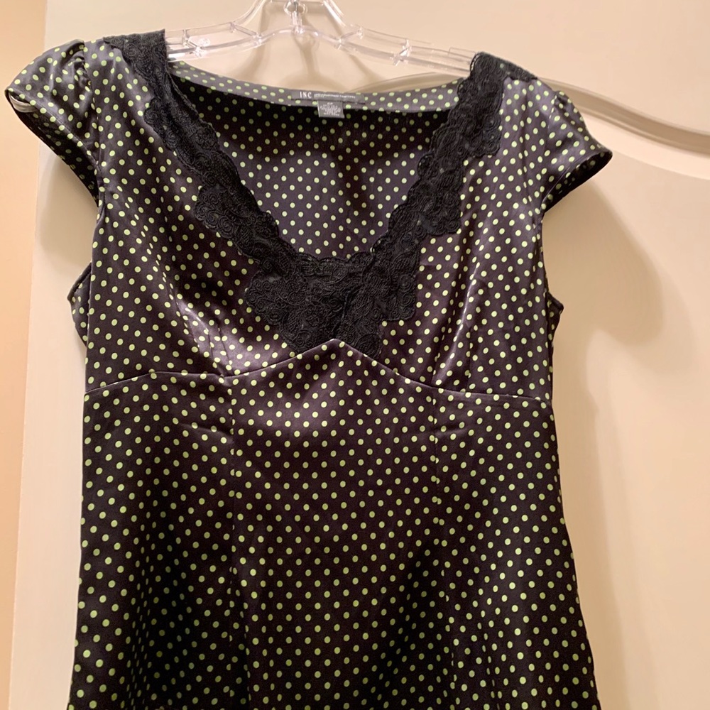 INC black & green silk polka dot blouse W/ lace SP